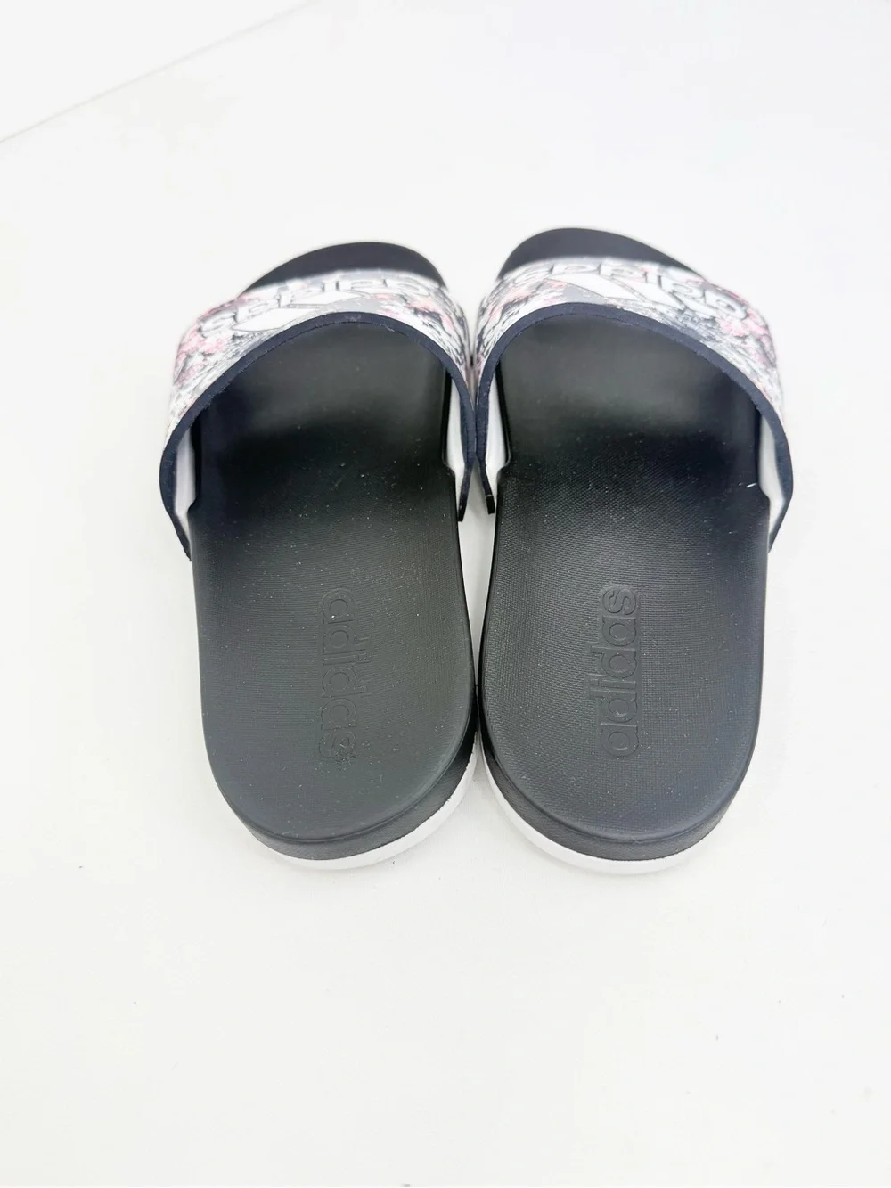 Adidas Adilette Black White Abstract Graphic Logo Top Comfort Slide Sandals